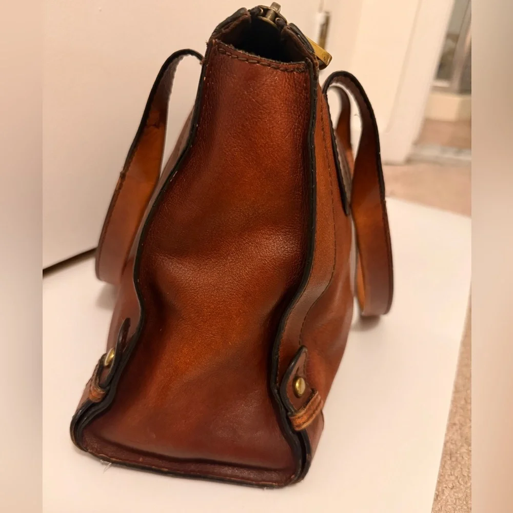 Vintage Fossil Keyhole Cognac Full Grain Leather Tote Y2K Zip Shoulder Bag 14x11